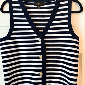 Truth Women's Navy and White Striped Button Down Shirt with Gold Button Detail